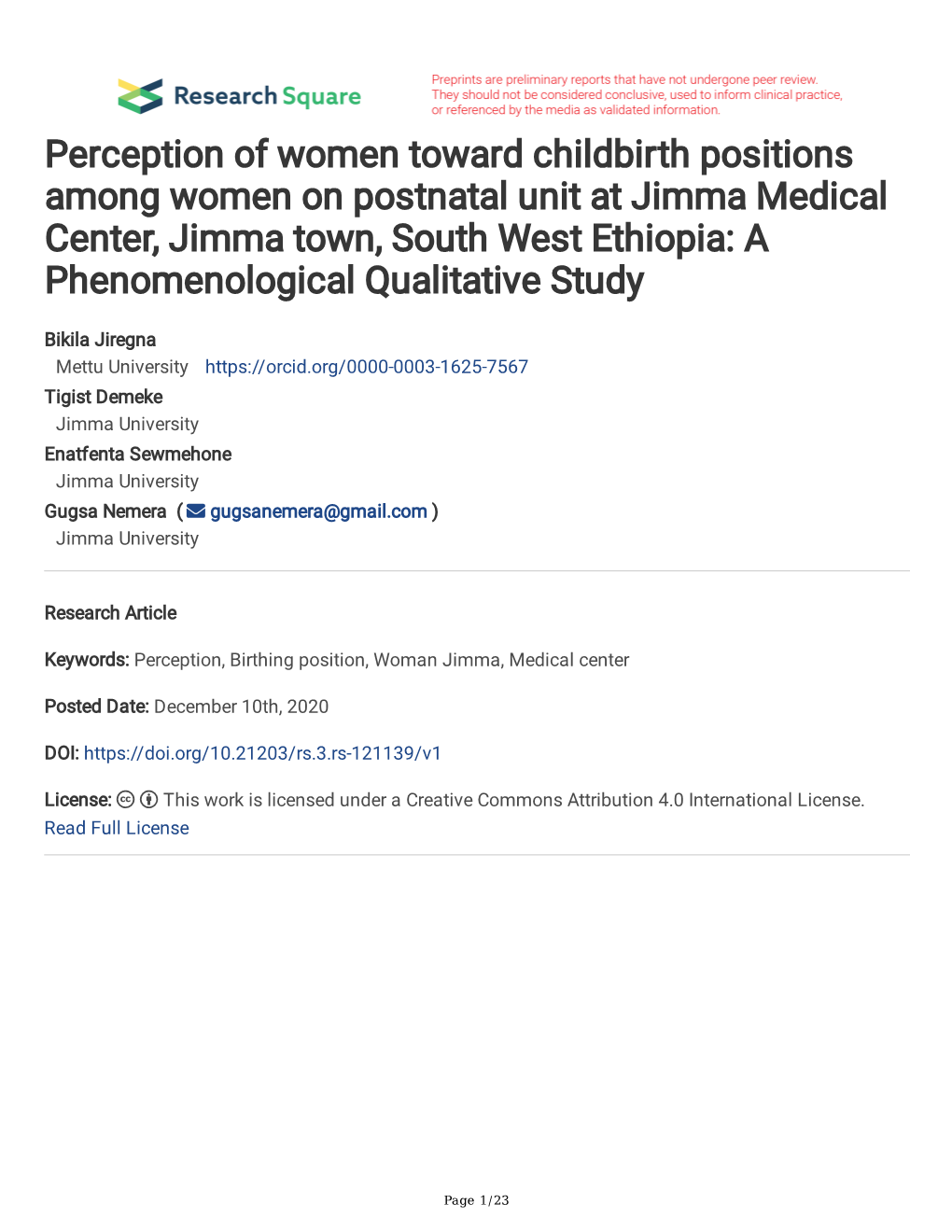 Perception of Women Toward Childbirth Positions Among Women On