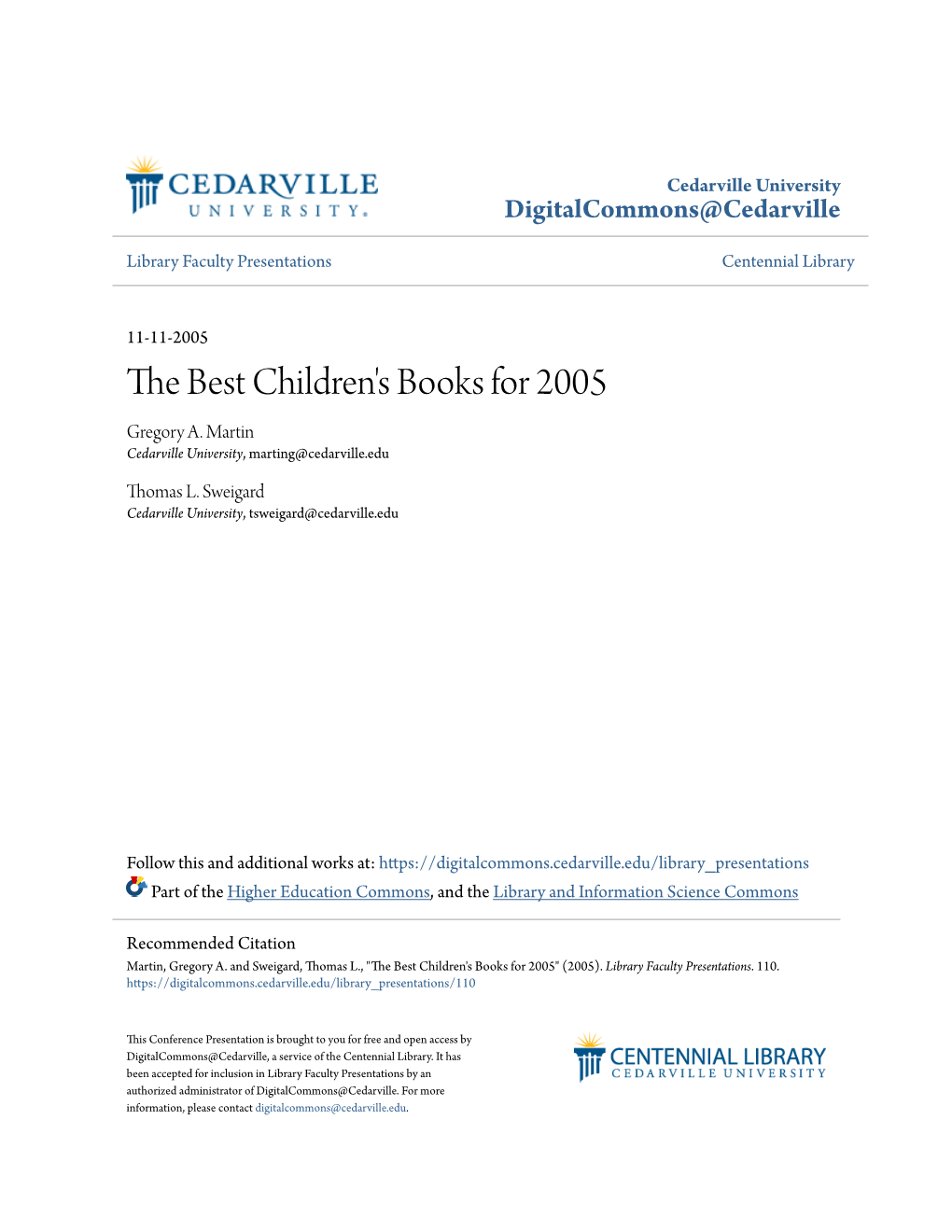 The Best Children's Books for 2005 Gregory A