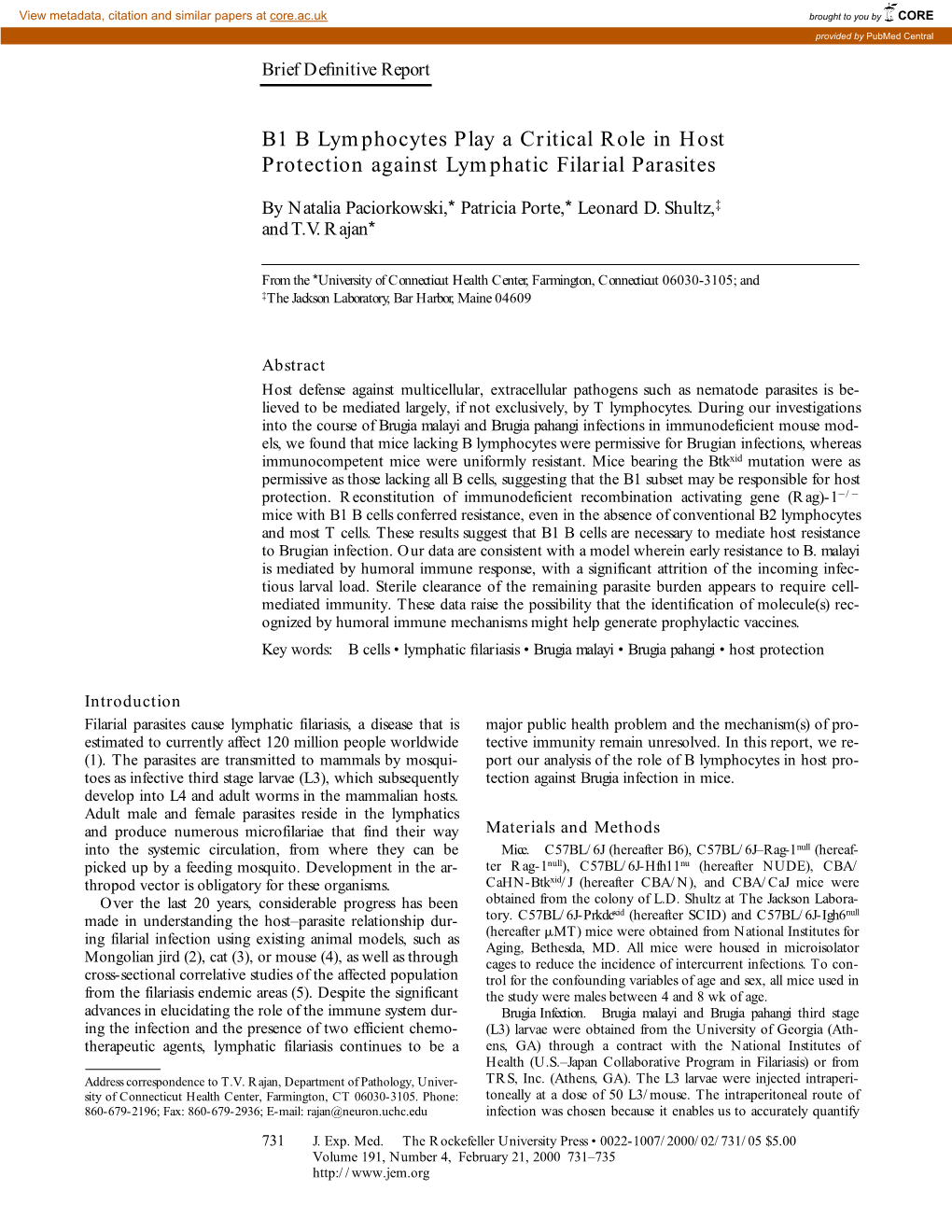 B1 B Lymphocytes Play a Critical Role in Host Protection Against Lymphatic Filarial Parasites