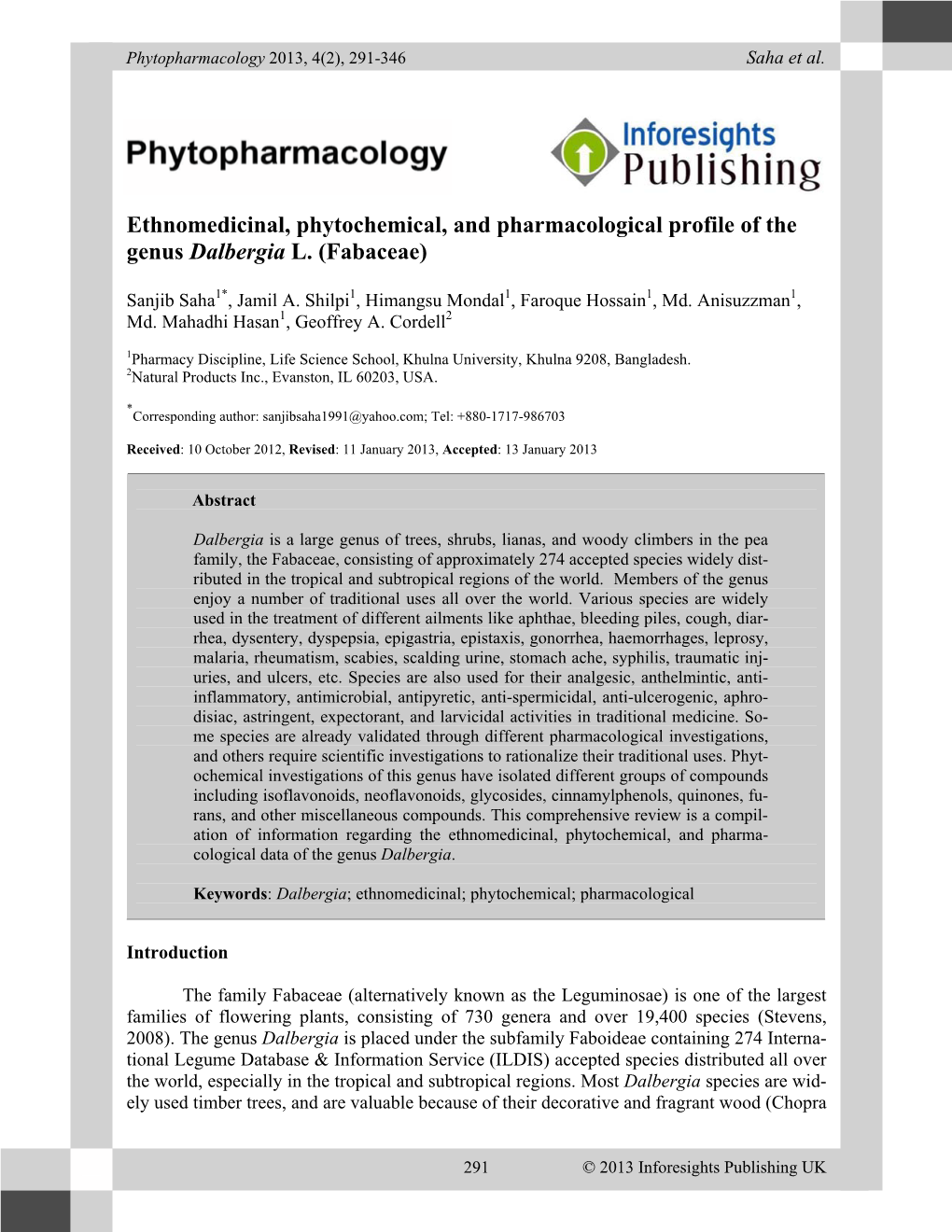 Ethnomedicinal, Phytochemical, and Pharmacological Profile of the Genus Dalbergia L. (Fabaceae)