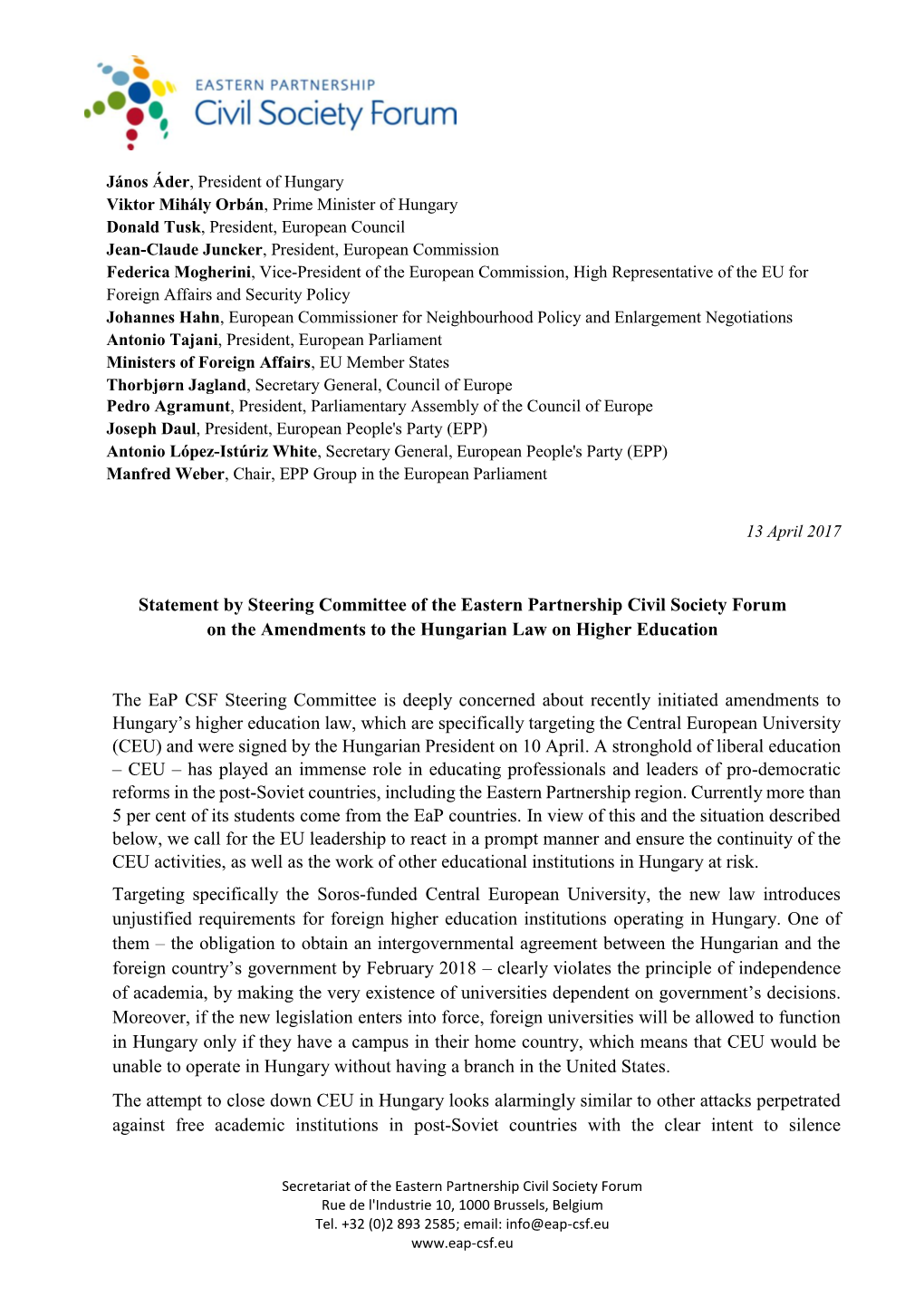 Statement by Steering Committee of the Eastern Partnership Civil Society Forum on the Amendments to the Hungarian Law on Higher Education
