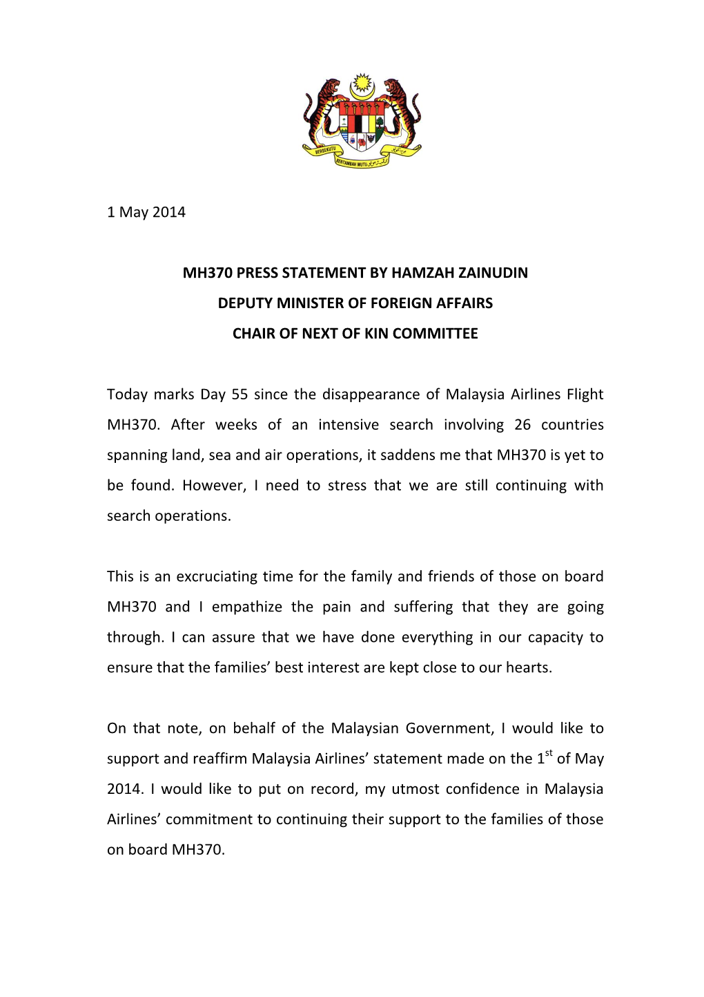 1 May 2014 MH370 PRESS STATEMENT by HAMZAH