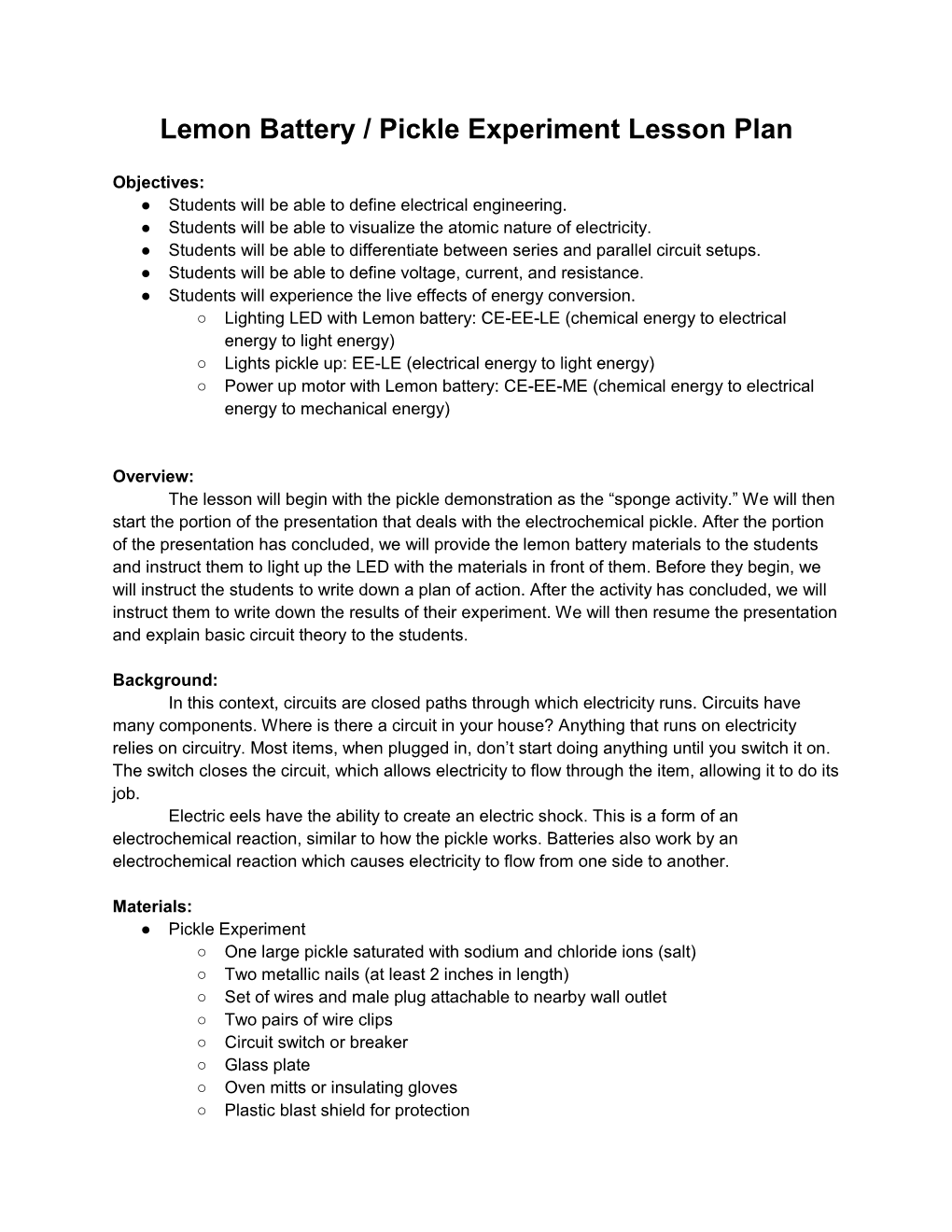 Lemon Battery / Pickle Experiment Lesson Plan