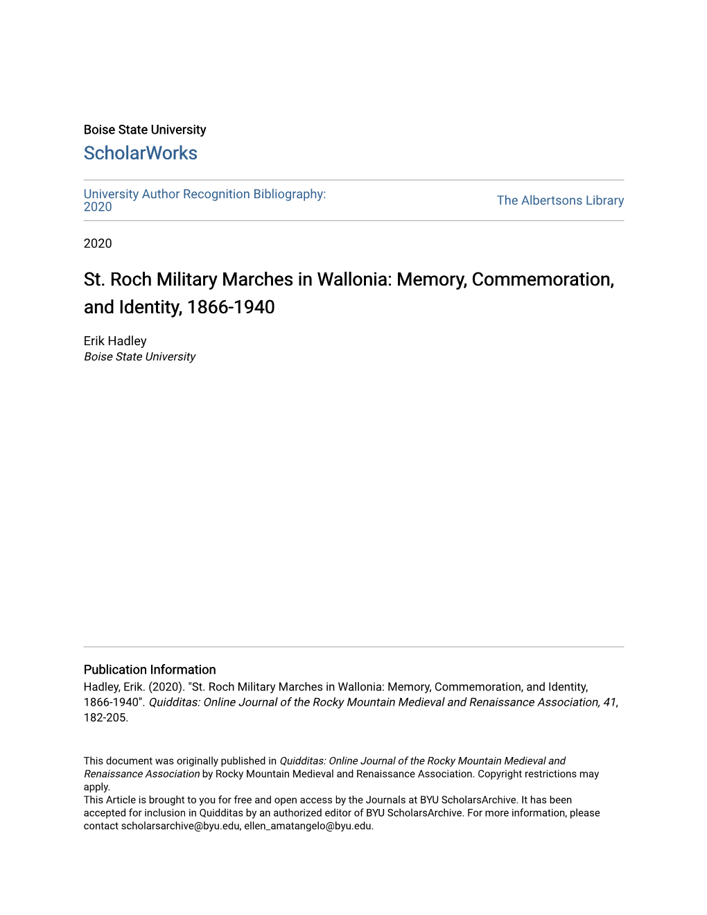 St. Roch Military Marches in Wallonia: Memory, Commemoration, and Identity, 1866-1940