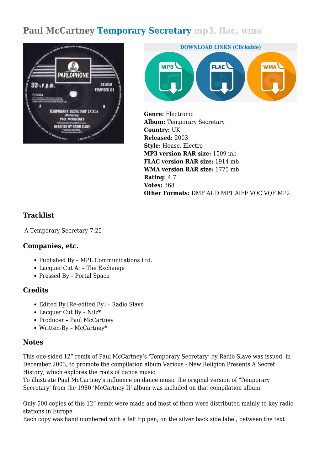 Paul Mccartney Temporary Secretary Mp3, Flac, Wma