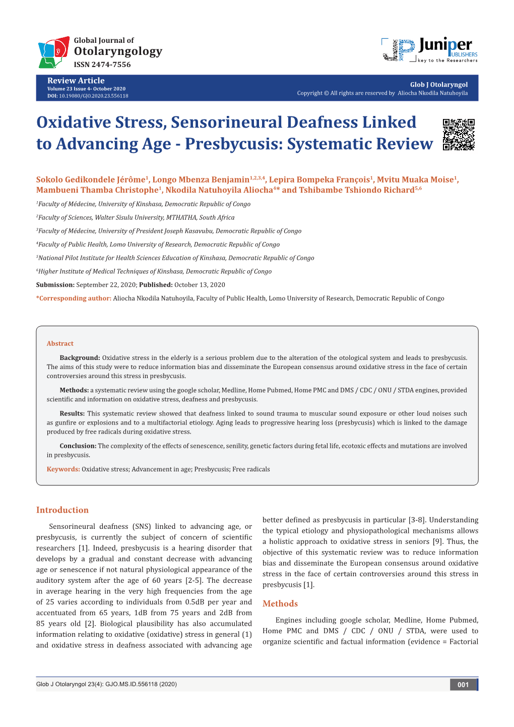 Oxidative Stress, Sensorineural Deafness Linked to Advancing Age - Presbycusis: Systematic Review