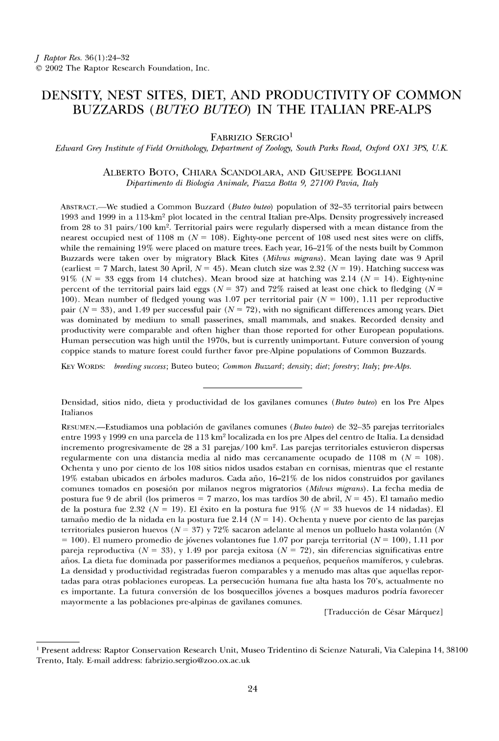 Density, Nest Sites, Diet, and Productivity of Common Buzzards (Buteo Buteo) in the Italian Pre-Alps