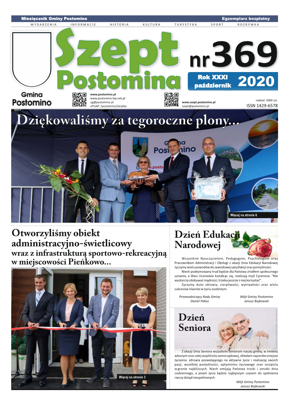 Nr369 Rok XXXI 2020 Postomina Październik Gmina Nakład: 2000 Szt