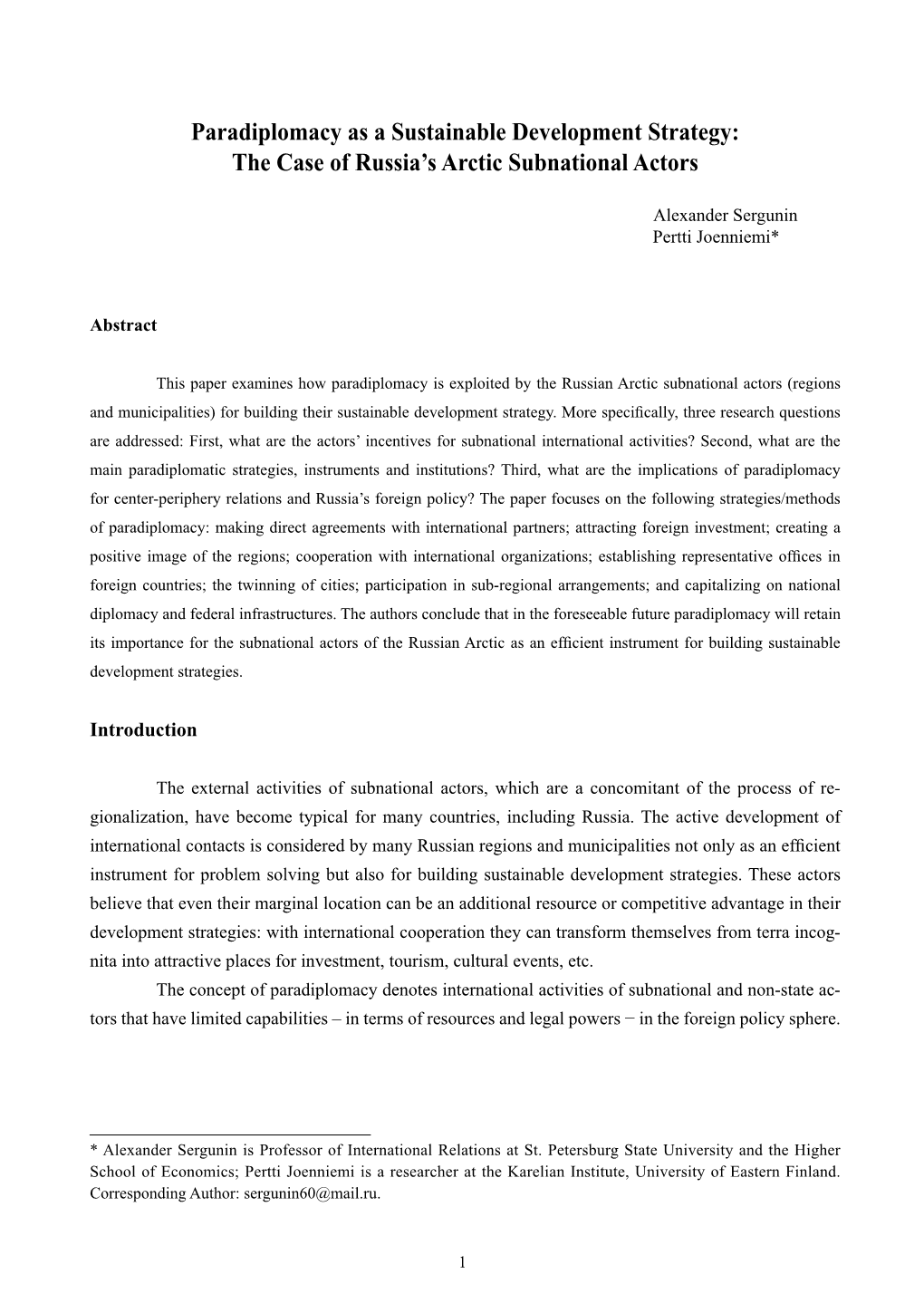 Paradiplomacy As a Sustainable Development Strategy: the Case of Russia’S Arctic Subnational Actors