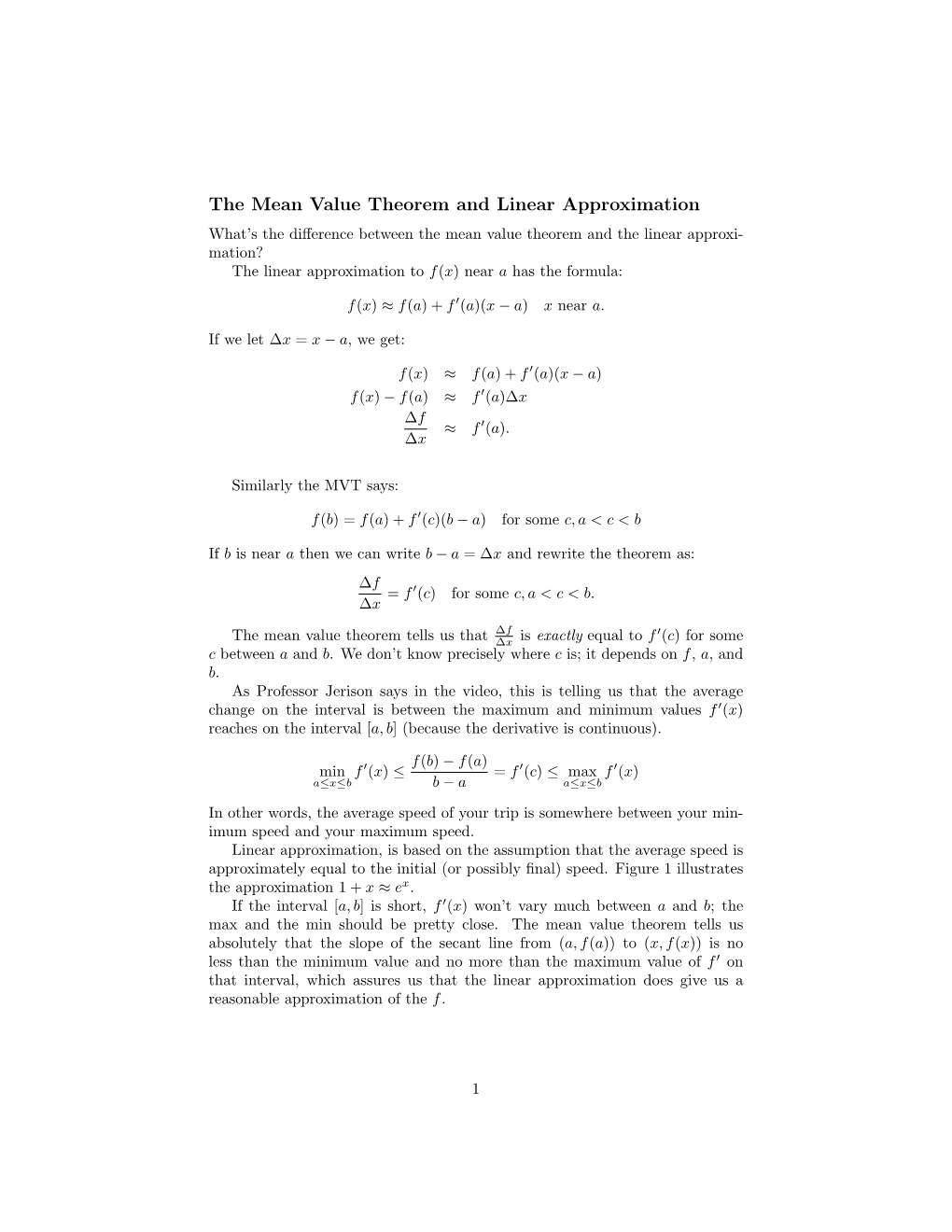 The Mean Value Theorem and Linear Approximation