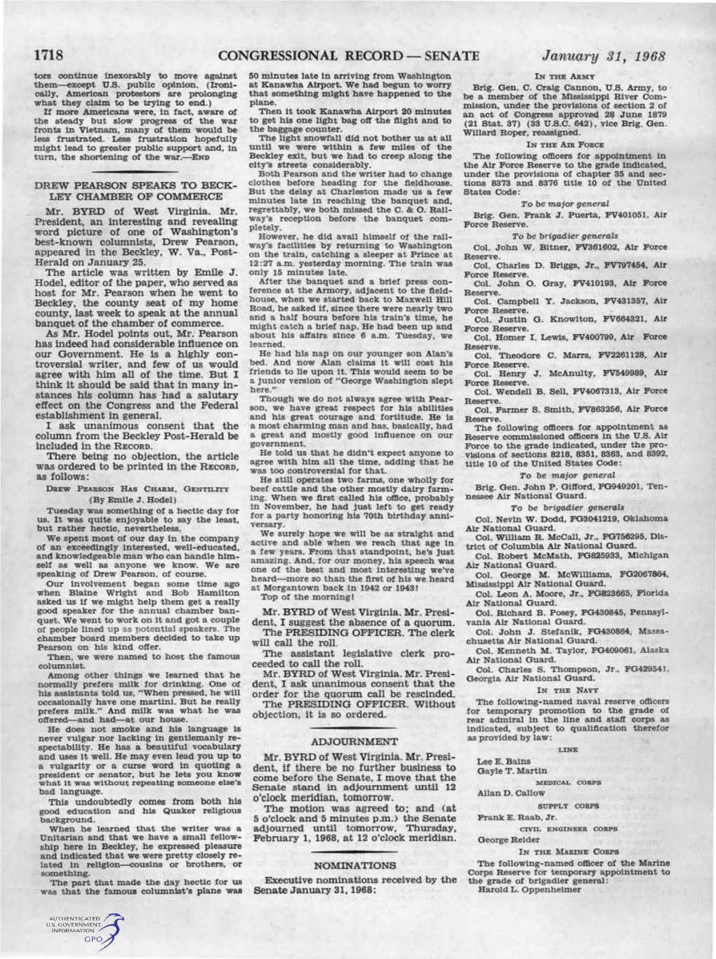 Januc;Try 31, 1968 Tors Continue Inexorably to Move Aga.Inst 50 Minutes Late in Arriving from Washington in the ARMY Them-Except U.S