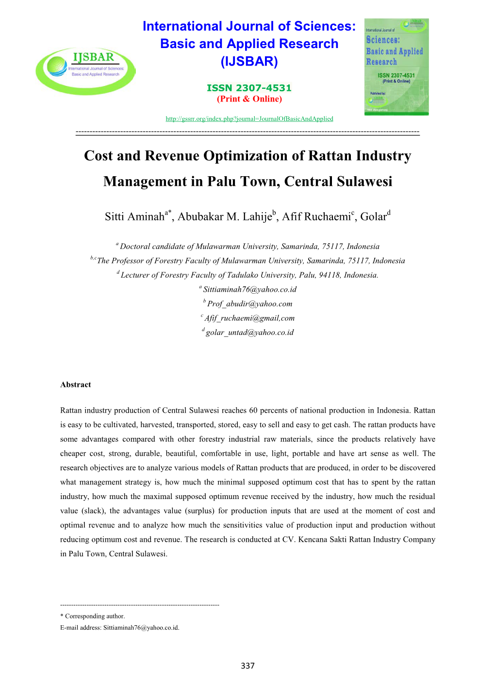 Cost and Revenue Optimization of Rattan Industry Management in Palu Town, Central Sulawesi