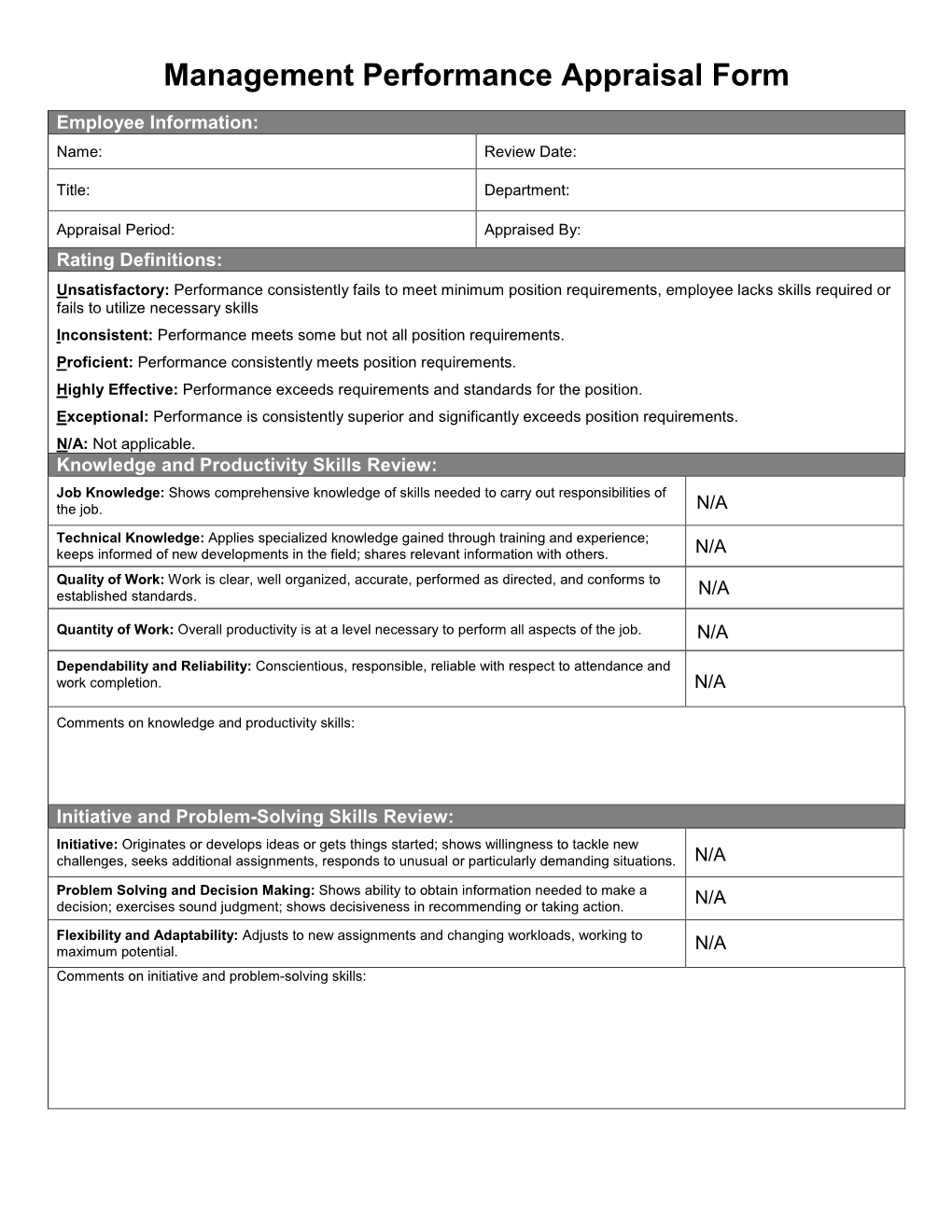 Management Performance Appraisal Form