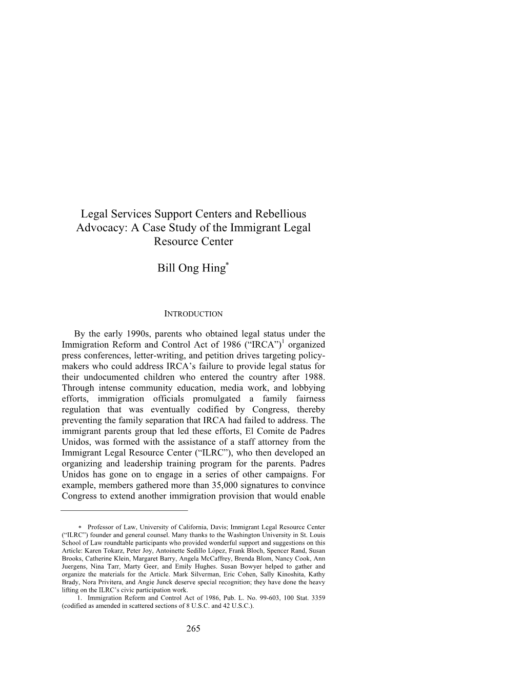 Legal Services Support Centers and Rebellious Advocacy: a Case Study of the Immigrant Legal Resource Center