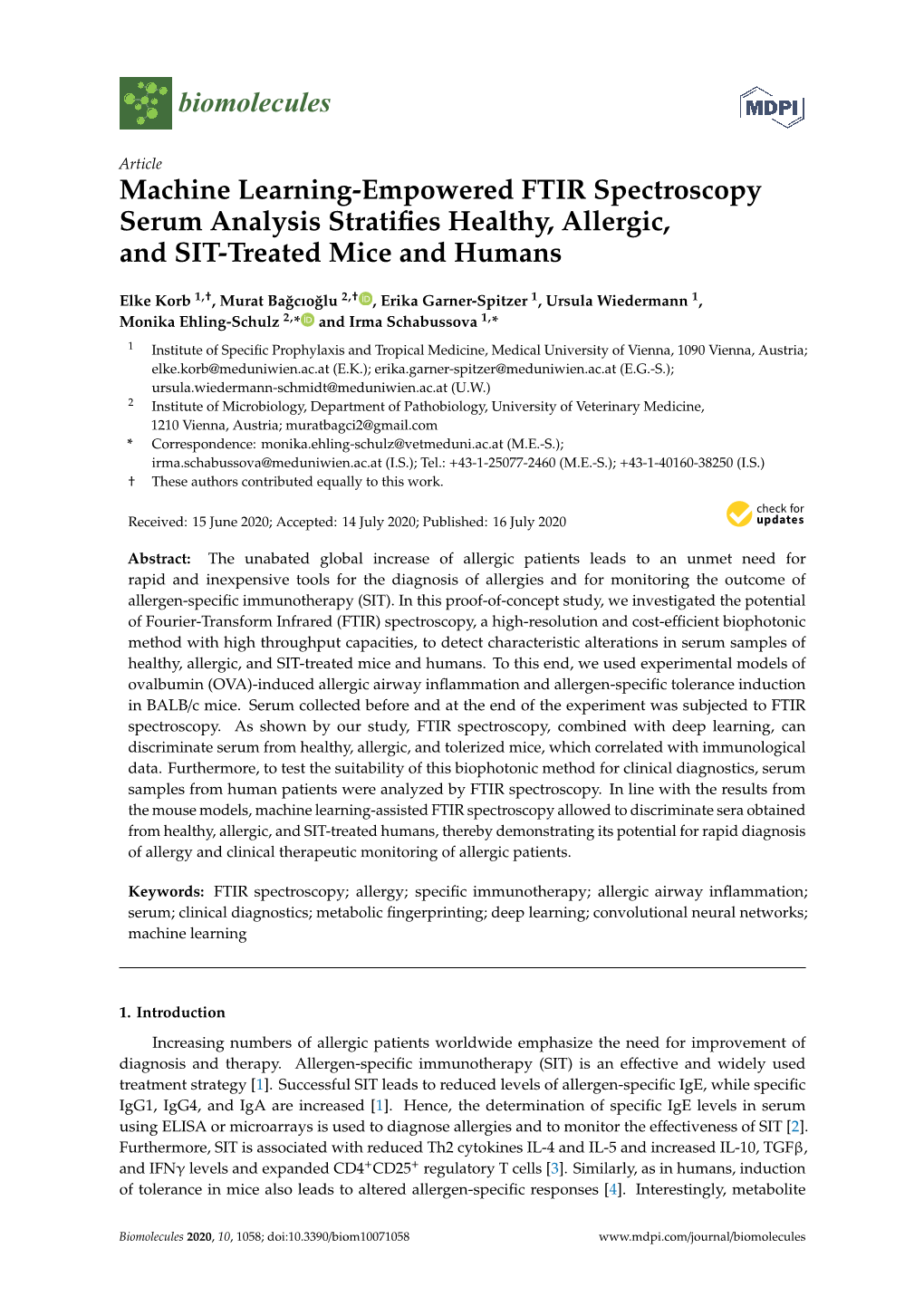 Machine Learning-Empowered FTIR Spectroscopy Serum Analysis Stratiﬁes Healthy, Allergic, and SIT-Treated Mice and Humans