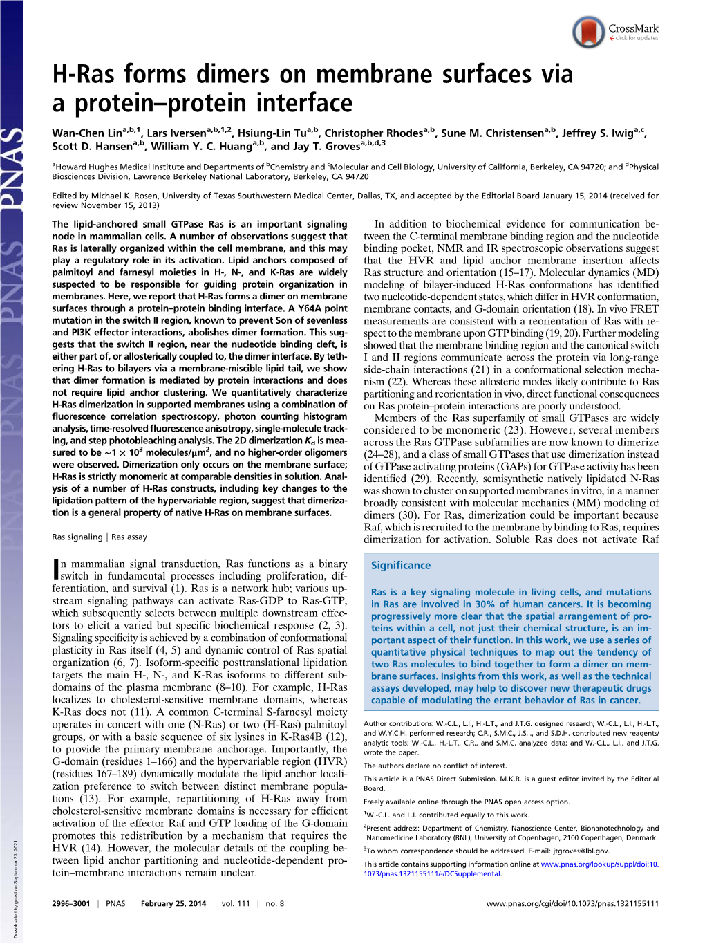 H-Ras Forms Dimers on Membrane Surfaces Via a Protein–Protein Interface