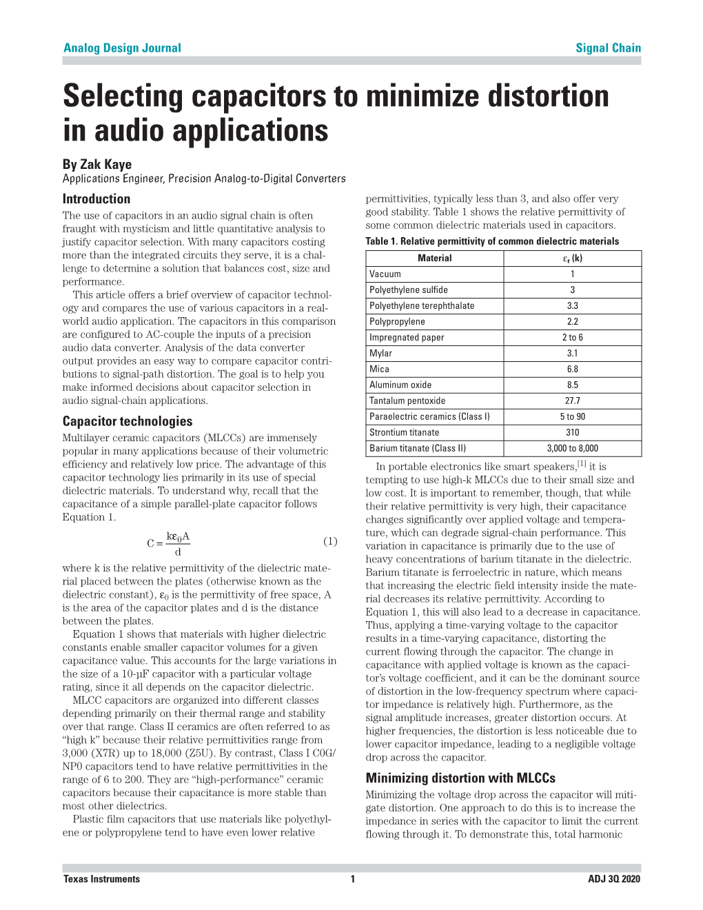 Selecting Capacitors to Minimize Distortion in Audio Applications