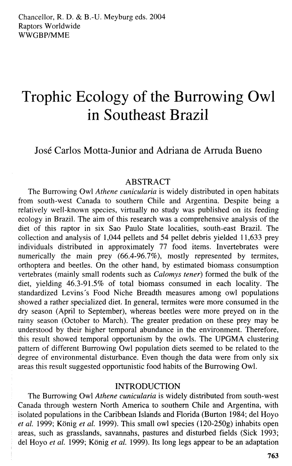 Trophic Ecology of the Burrowing Owl in Southeast Brazil