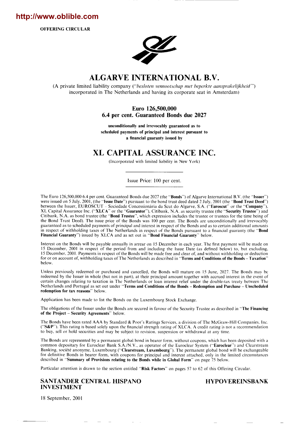 Algarve International B.V. Xl Capital Assurance Inc