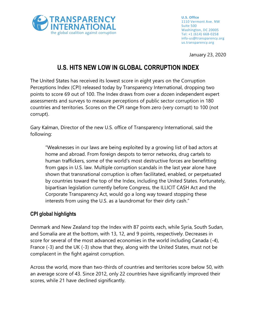 U.S. Hits New Low in Global Corruption Index