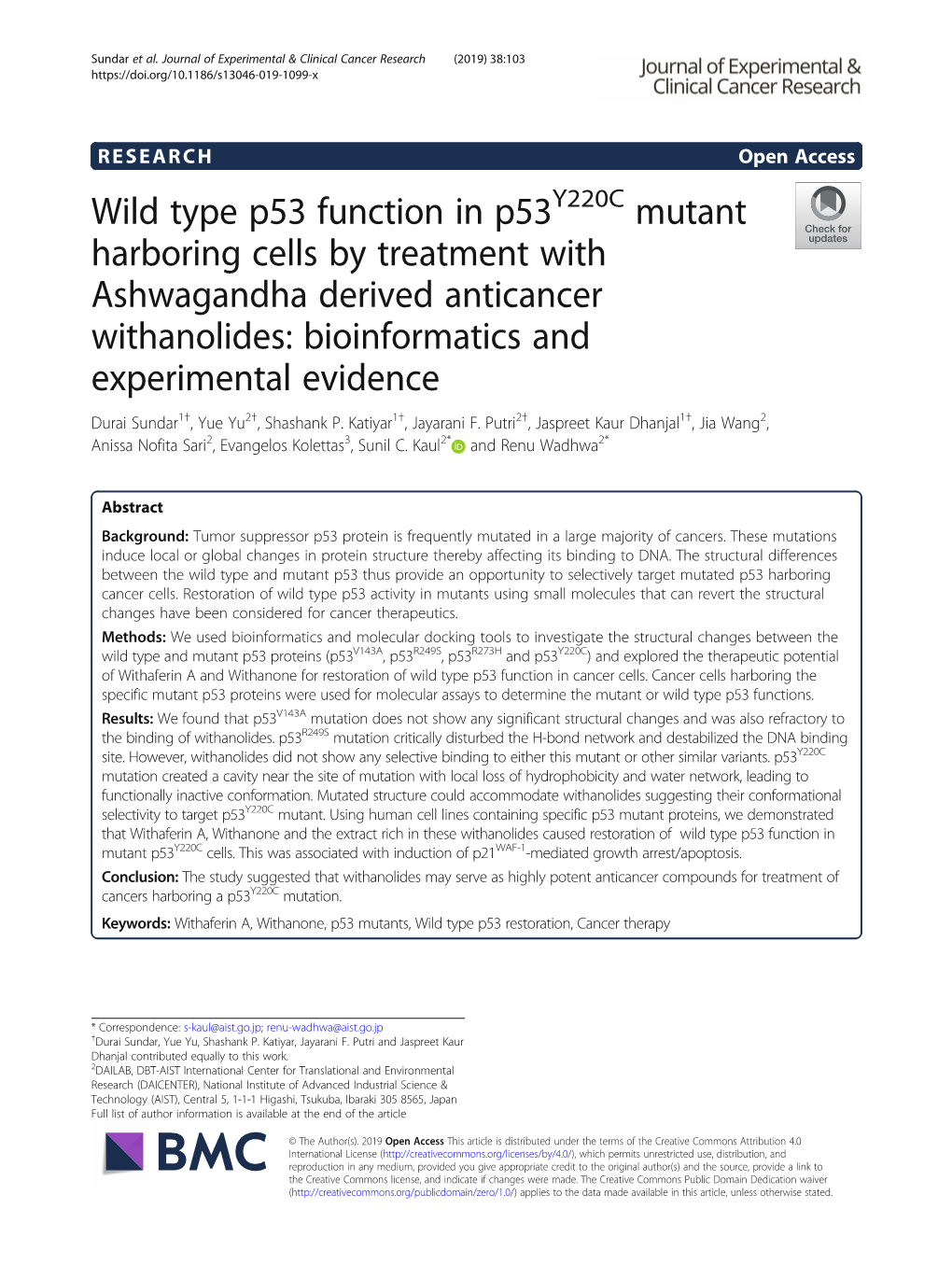 Wild Type P53 Function in P53y220c Mutant Harboring Cells by Treatment