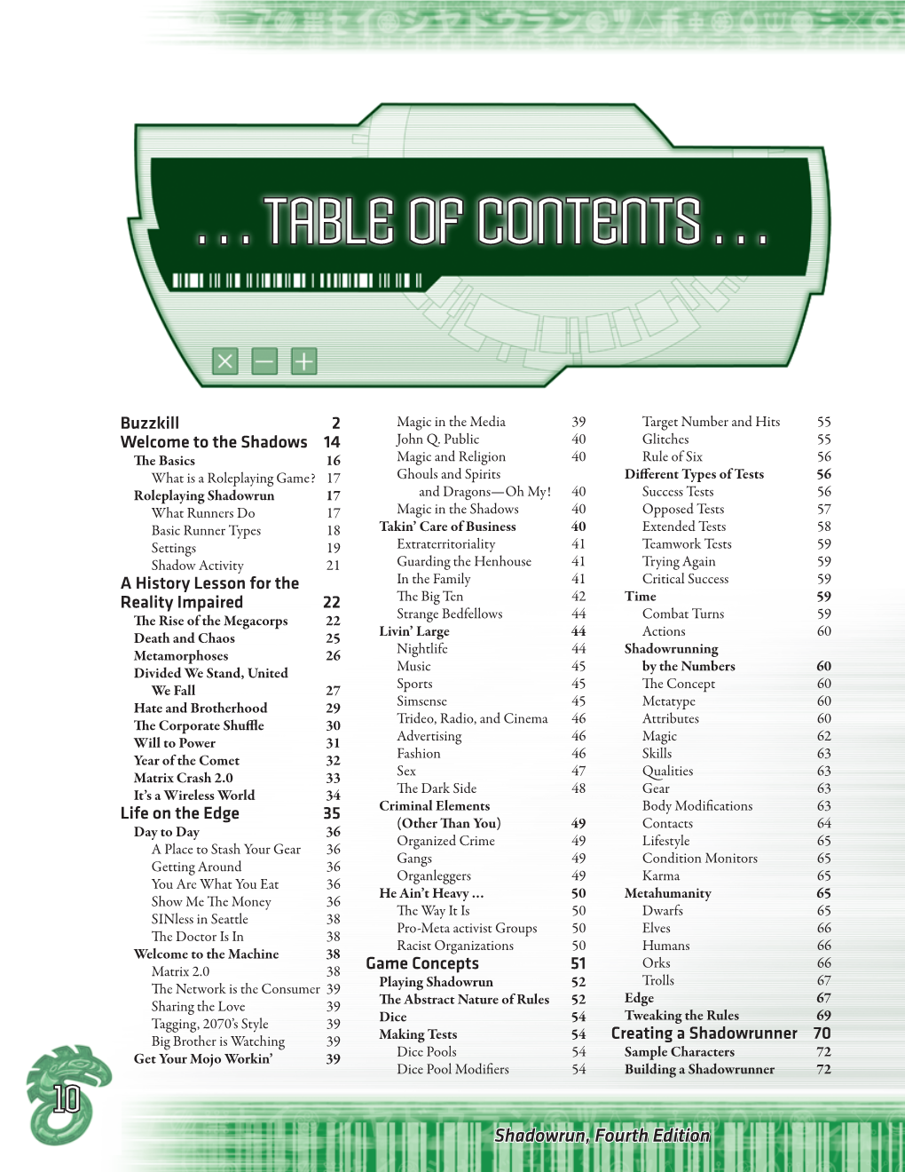 Shadowrun Fourth Edition: Table of Contents
