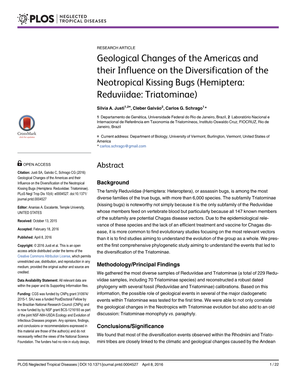 Geological Changes of the Americas and Their Influence on the Diversification of the Neotropical Kissing Bugs (Hemiptera: Reduviidae: Triatominae)