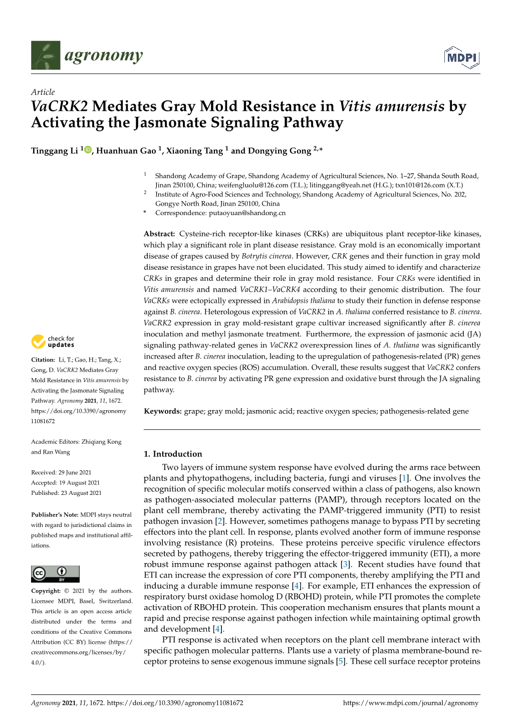 Vacrk2 Mediates Gray Mold Resistance in Vitis Amurensis by Activating the Jasmonate Signaling Pathway