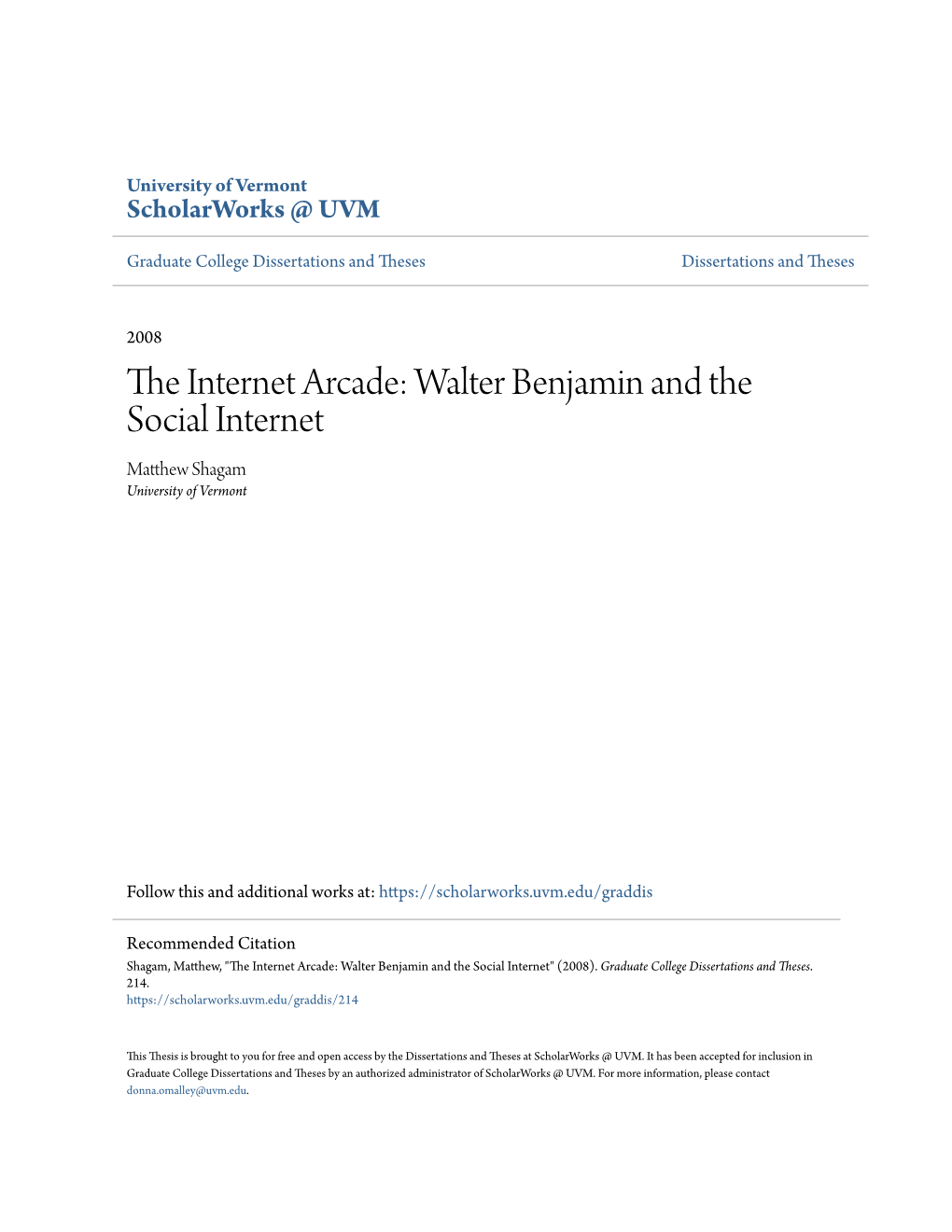 Walter Benjamin and the Social Internet Matthew Hs Agam University of Vermont
