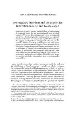Intermediary Functions and the Market for Innovation in Meiji and Taishō Japan