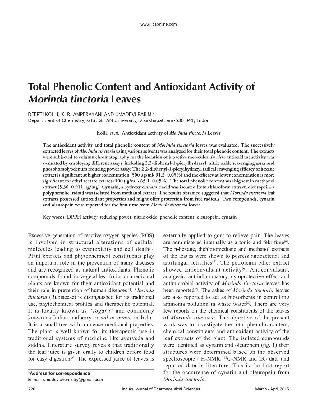 Total Phenolic Content and Antioxidant Activity of Morinda Tinctoria Leaves