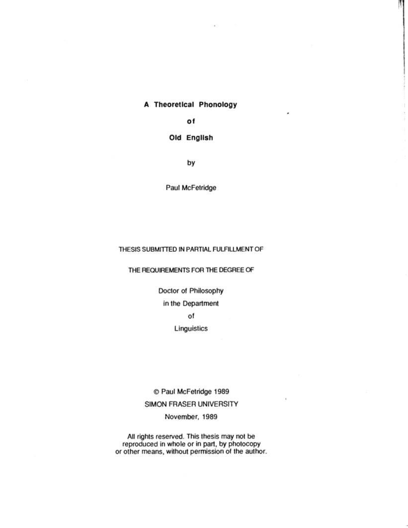 A Theoretical Phonology of Old English / by Paul Mcfetridge