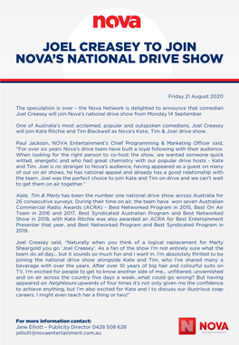 Joel Creasey to Join Nova's National Drive Show