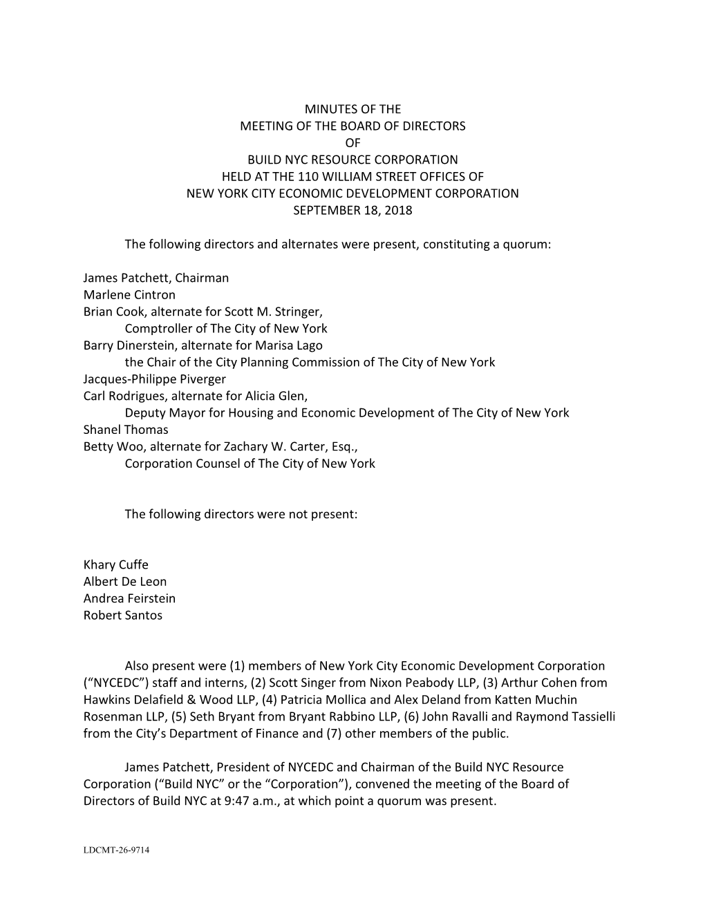 Minutes of the Meeting of the Board of Directors of Build Nyc