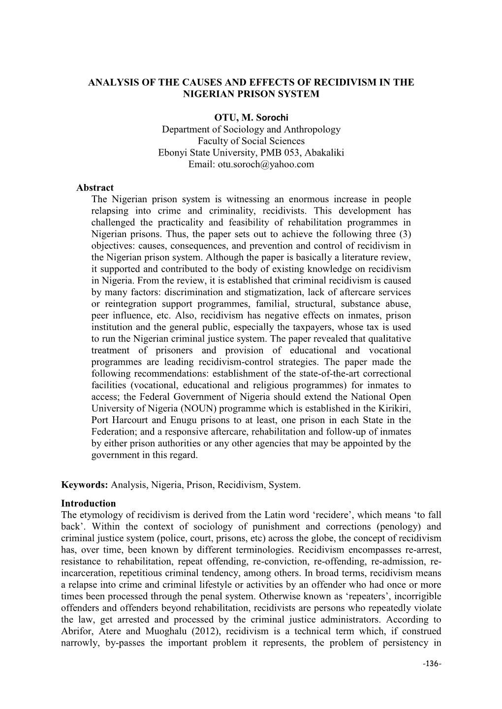 Analysis of the Causes and Effects of Recidivism in the Nigerian Prison System