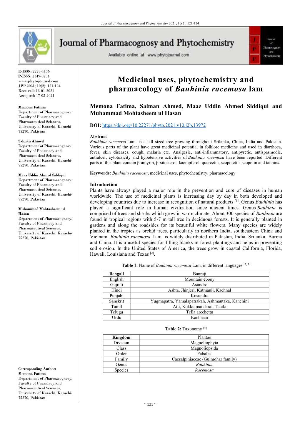 Medicinal Uses, Phytochemistry and Pharmacology of Bauhinia Racemosa