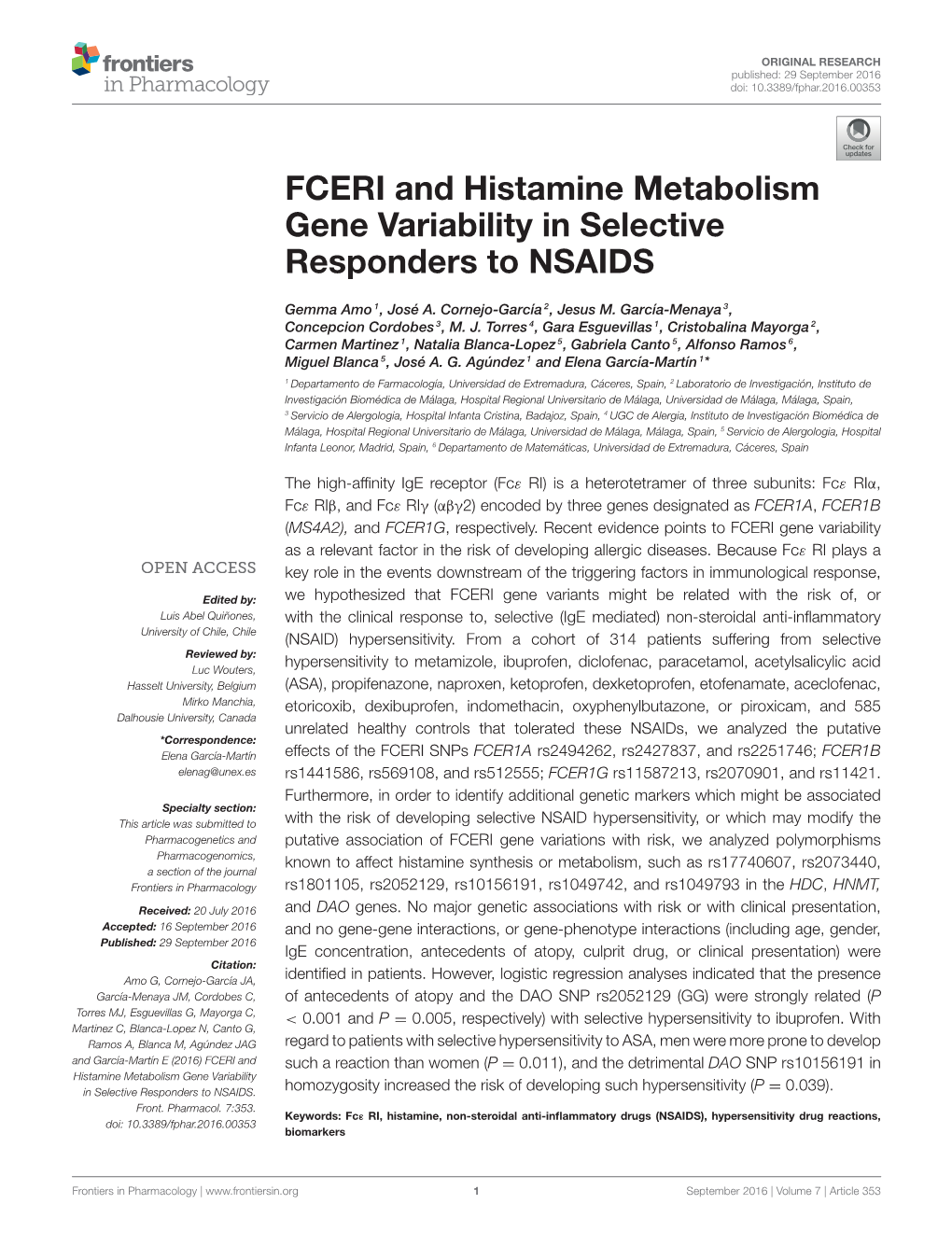 FCERI and Histamine Metabolism Gene Variability in Selective Responders to NSAIDS