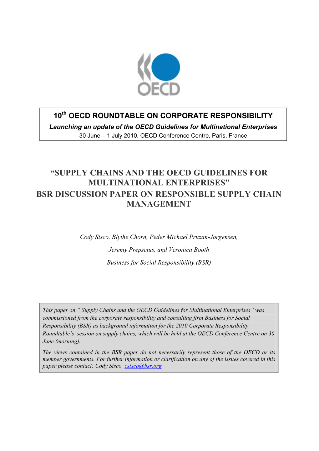 Bsr Discussion Paper on Responsible Supply Chain Management