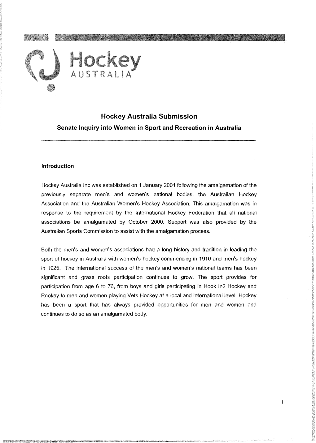 Submission Senate Inquiry Into Women in Sport and Recreation in Australia