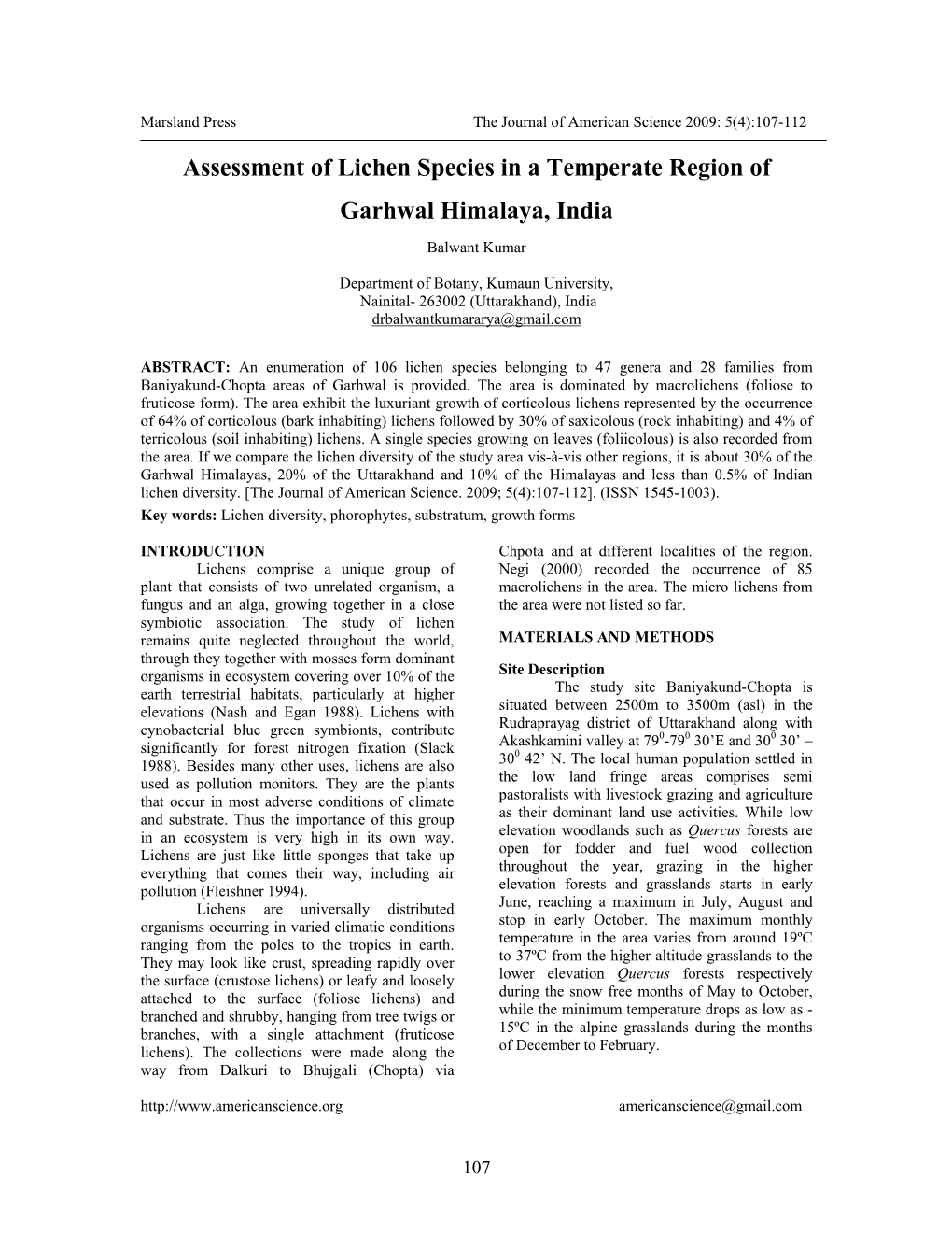 Assessment of Lichen Species in a Temperate Region of Garhwal Himalaya, India