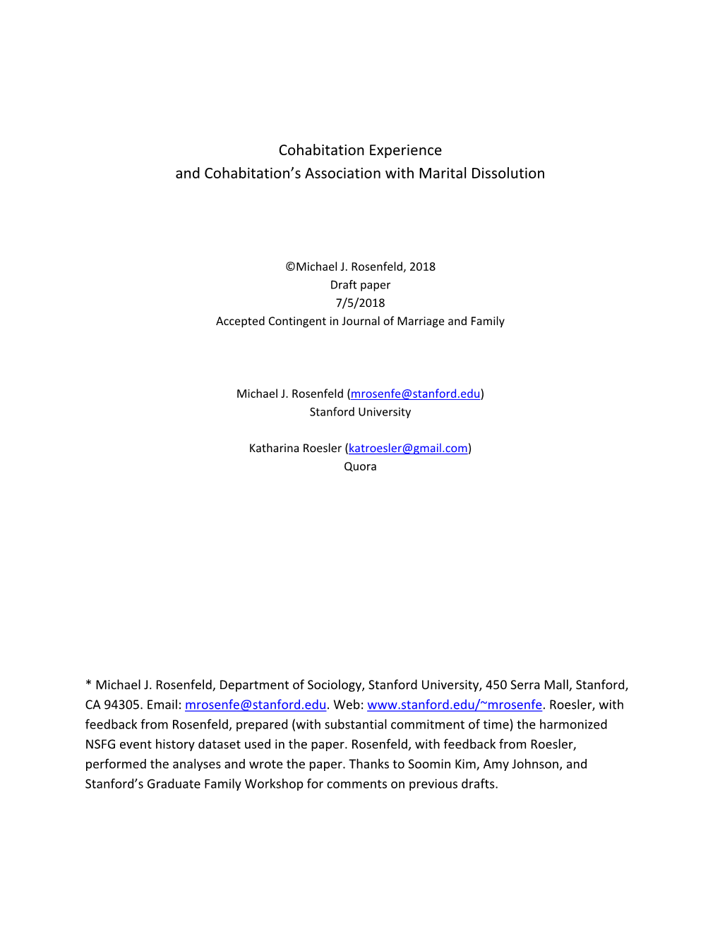 Cohabitation Experience and Cohabitation's Association With