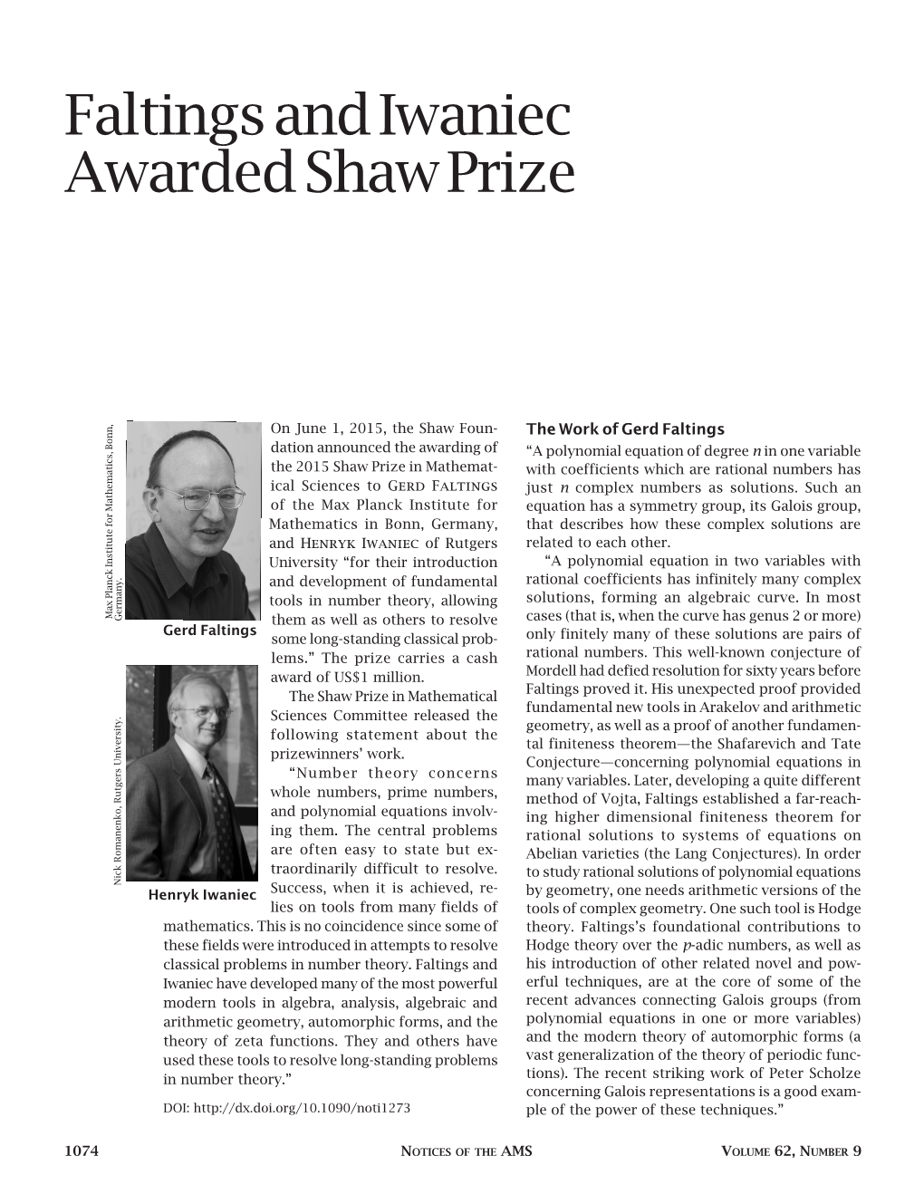 Faltings and Iwaniec Awarded Shaw Prize