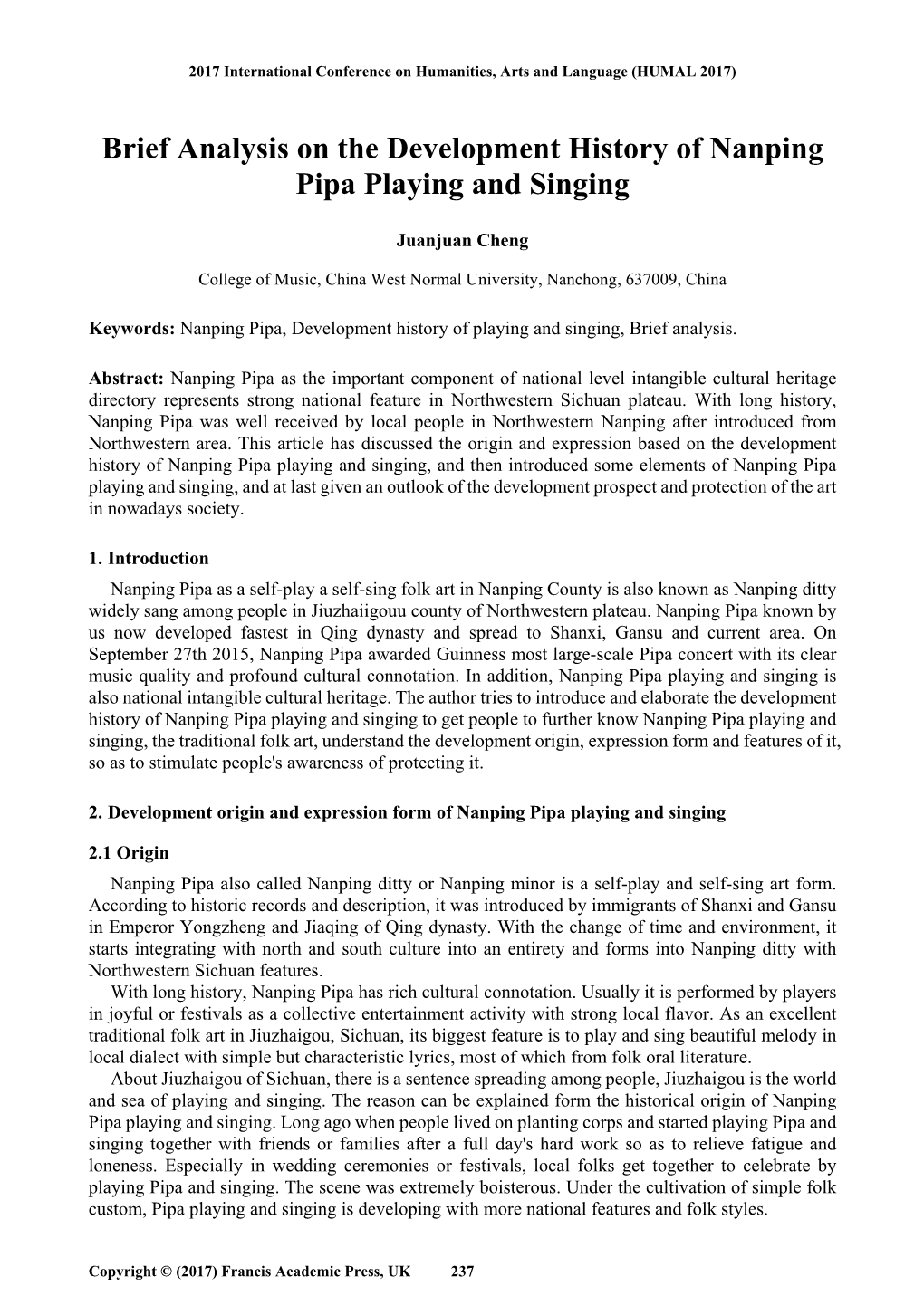 Brief Analysis on the Development History of Nanping Pipa Playing and Singing