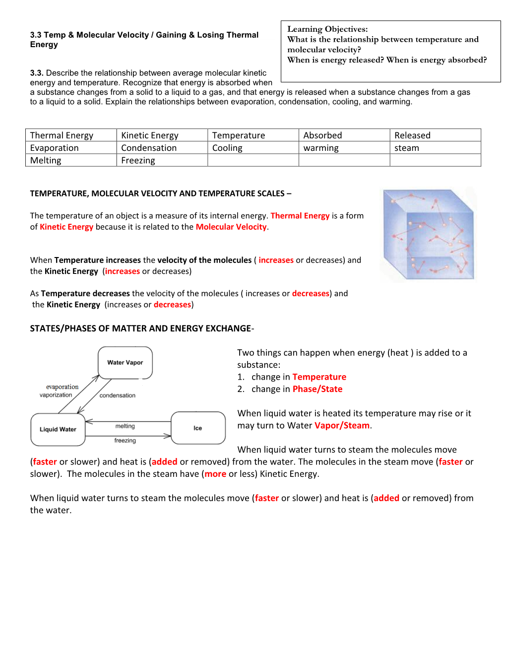 Thermal Energy Kinetic Energy Temperature Absorbed Released Evaporation Condensation Cooling Warming Steam Melting Freezing