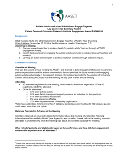 Autistic Adults and Other Stakeholders Engage Together Lay Conference Summary Report Patient Centered Outcomes Research Institute Engagement Award EAIN#4208