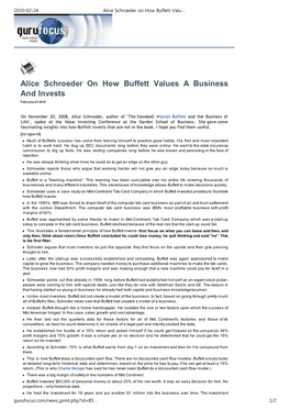 Alice Schroeder on How Buffett Values a Business and Invests February-21-2010