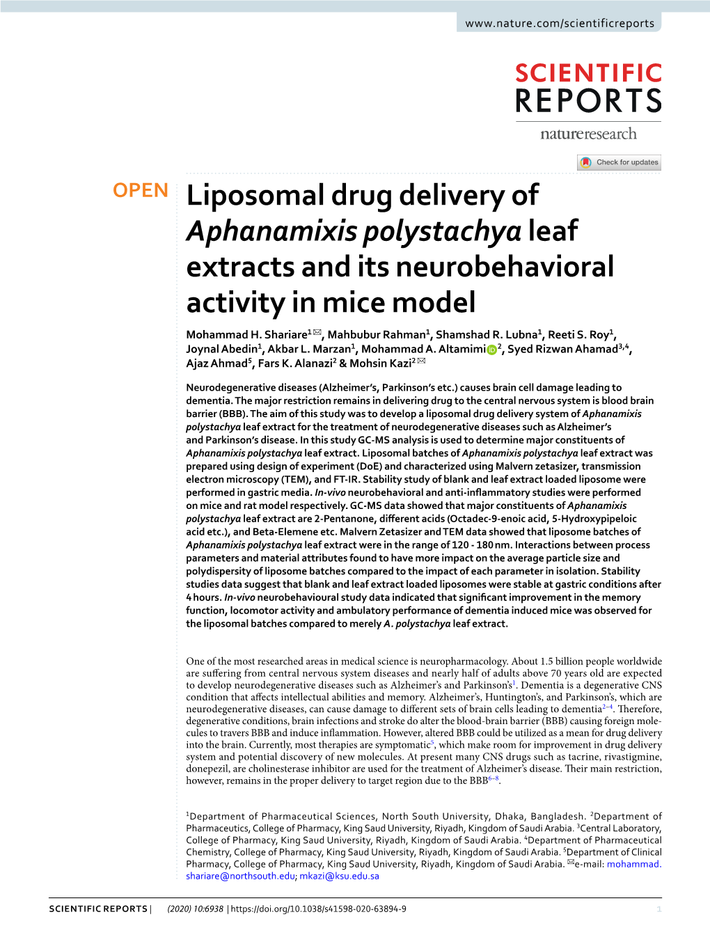 Liposomal Drug Delivery of Aphanamixis Polystachya Leaf Extracts and Its Neurobehavioral Activity in Mice Model Mohammad H