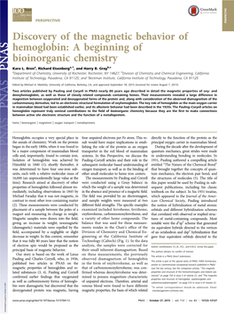 Discovery of the Magnetic Behavior of Hemoglobin: a Beginning of Bioinorganic Chemistry Kara L