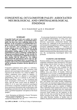 Congenital Oculomotor Palsy: Associated Neurological and Ophthalmological Findings