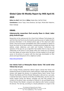 Global Cyber Bi-Weekly Report by INSS April 01 2019